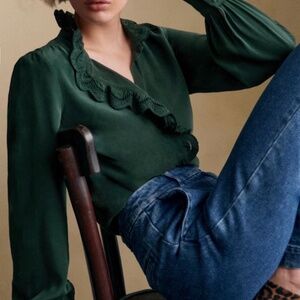 Sezane Dark Green Ruffled Blouse